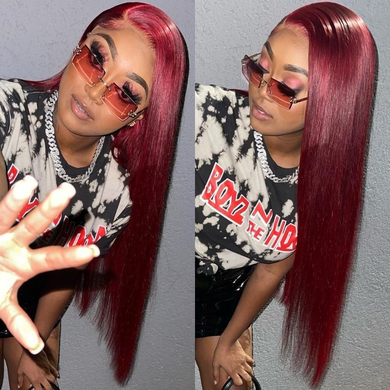Klaiyi Dark 99J Burgundy Color Long Straight Lace Front Wigs 100% Virgin Human Hair Wigs