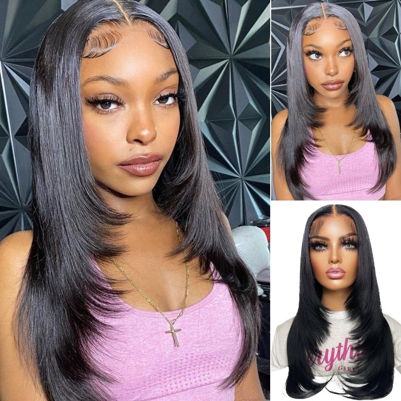 Klaiyi Bone Straight Lace Front Wigs with Layer Inner Buckle Virgin Human Hair Wigs For Women