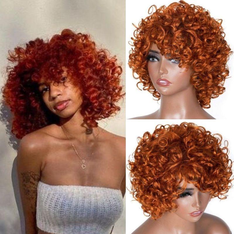Klaiyi Bouncy Curls Short Human Hair Wigs with Bangs Glueless Pixie Cuts Wigs For Women Flash Sale