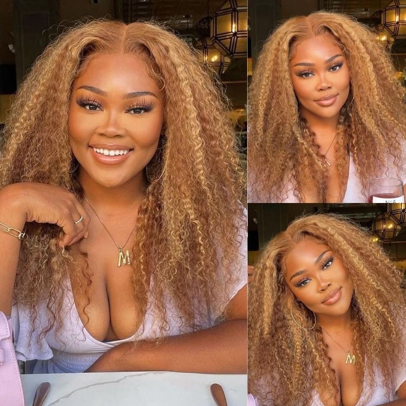Honey Blonde Highlight Lace Front Wigs Jerry Curly Human Hair Wigs