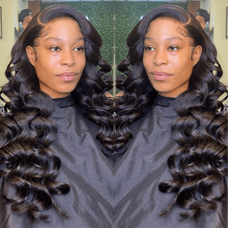 Klaiyi Best Loose Wave 13x4 Lace Front Human Hair Wigs Big Heatless Curls Hairstyle 150% Density