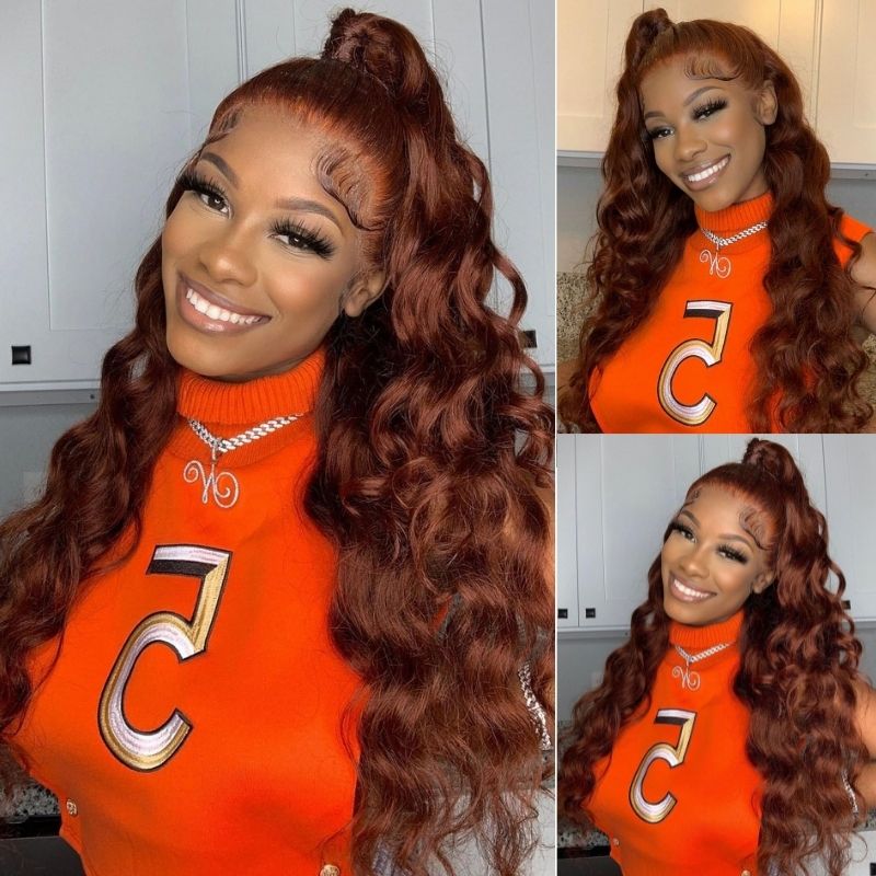 Brunette Auburn Copper 13x4 Lace Frontal Wig Virgin Human Hair Reddish Brown Color