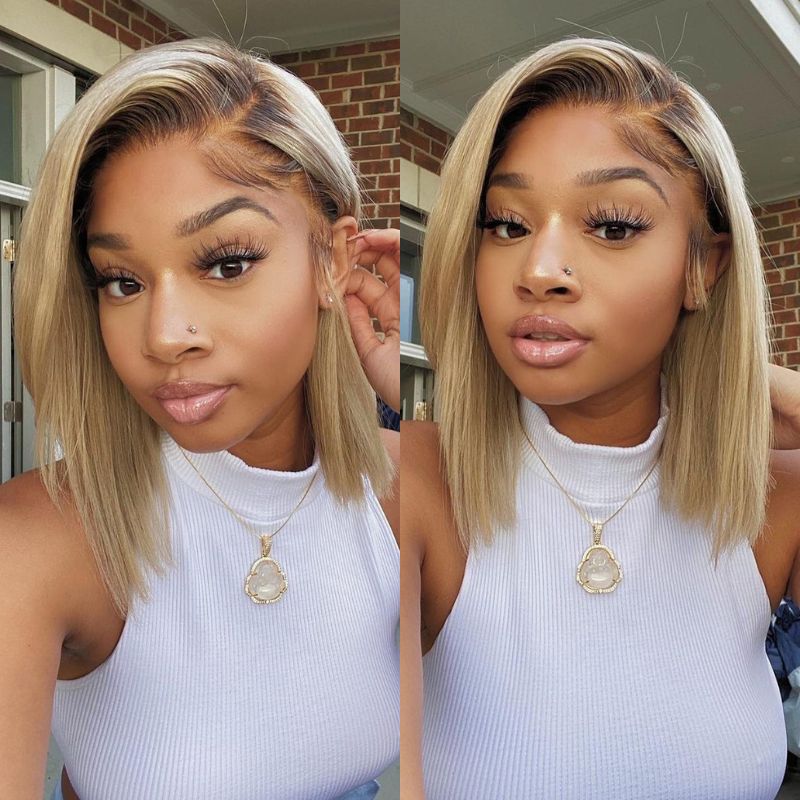 Omber Golden Blonde Color 13x4 Lace Frontal Bob Wig with Brown Root 70% OFF Flash Sale