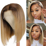 Klaiyi Omber Golden Blonde Color 13x4 Lace Frontal Wig Short Bob with Brown Root