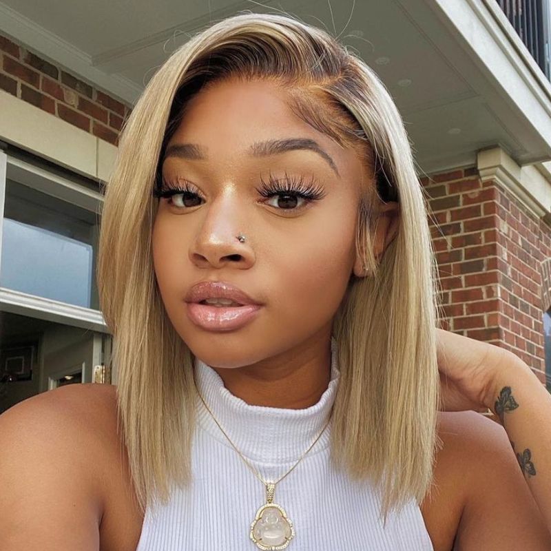 Klaiyi Omber Golden Blonde Color 13x4 Lace Frontal Wig Short Bob with Brown Root