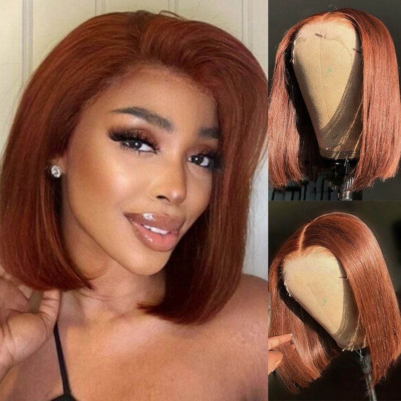 Klaiyi Short Bob Lace Wig Reddish Brown Auburn Copper Human Hair for Women