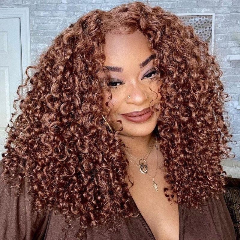 Klaiyi Jerry Curly Ginger Brown Color Lace Front Wigs High Quality Human Hair