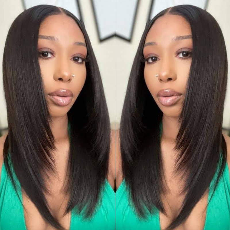Klaiyi Bone Straight Lace Front Wigs with Layer Inner Buckle Virgin Human Hair Wigs For Women