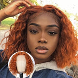 Klaiyi Short Bob Lace Part Wigs T Part Wig Human Hair Orange Ginger Colored Wet and Wavy Middle Part Lace Human Hair Wigs