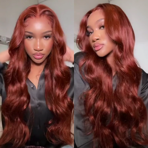 Klaiyi Brunette Auburn Copper 13x4 Lace Frontal Wig Virgin Human Hair Reddish Brown Color