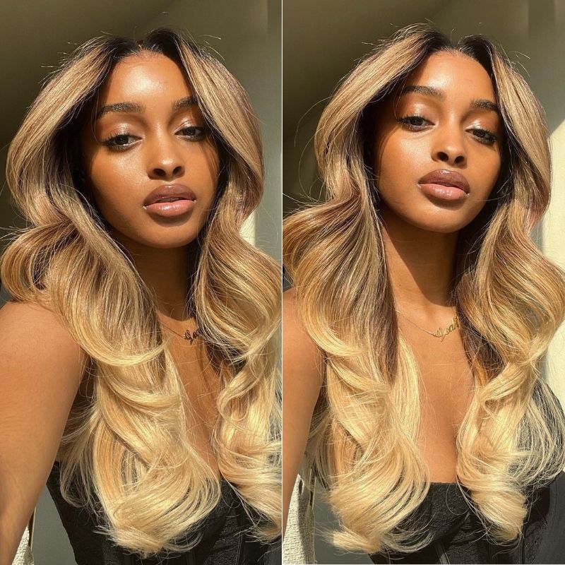 Klaiyi Private Customized Modeling Style Lace Frontal Wig New Fashion Wave Ombre Honey Blonde Colored Wigs-Flash Sale