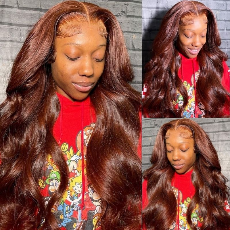 Klaiyi Brunette Auburn Copper 13x4 Lace Frontal Wig Virgin Human Hair Reddish Brown Color