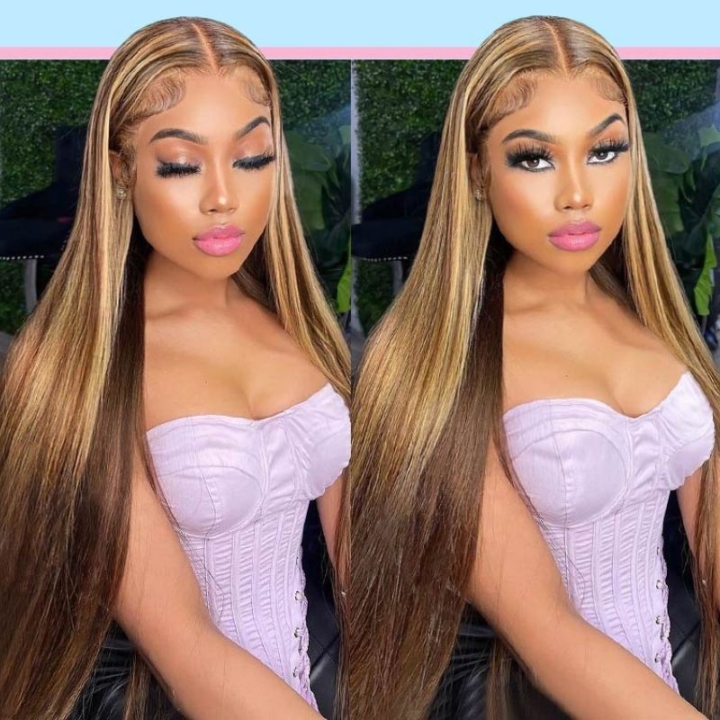 Klaiyi Honey Blonde Highlight Color Straight Hair Lace Front Wigs with Baby Hair Human Hair Wigs