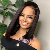 Klaiyi Asymmetrical Bob Wigs Blunt Haircuts Lace Front Wigs with Side Part Perfect For Any Face Shapes