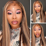 Klaiyi Honey Blonde Highlight Lace Closure Wig Ombre Human Hair Silky Straight Lace Front Wigs