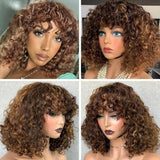 Klaiyi Bouncy Curl Short Bob Human Hair Wigs with Bangs for Women Ombre Highlight Wig