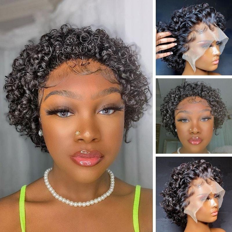 Klaiyi Short Pixie Cut Lace Front Bob Wigs Virgin Human Hair Water Curly Hair Wigs