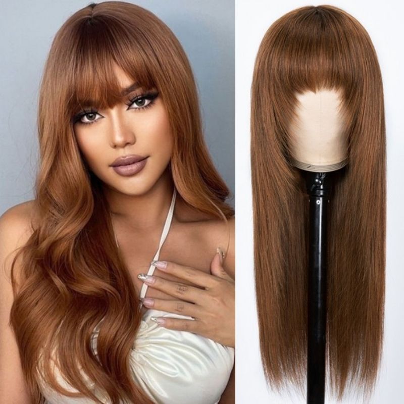 Klaiyi Glueless Wigs Human Hair with Layer Inner Buckle Dark Brown Color Bone Straight Wig with Bangs