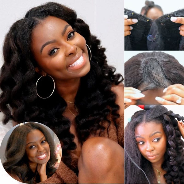 Free Fast Shipping | Kinky Straight V Part Unit No Leave Out Natural Looking Yaki Straight Wigs