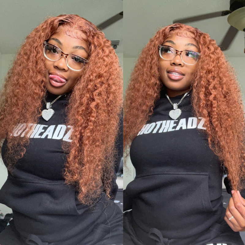 Klaiyi Jerry Curly Ginger Brown Colored Lace Front Wigs High Quality Human Hair