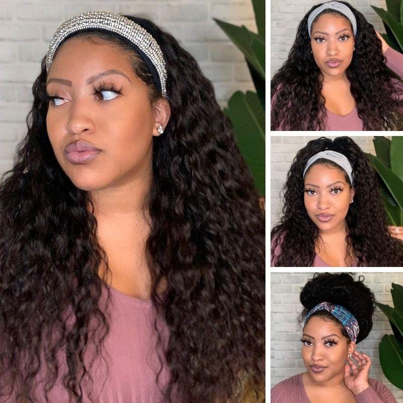 Klaiyi Headband Water Wave Wig With Pre-attached Scarf 180% Density Human Hair Wigs