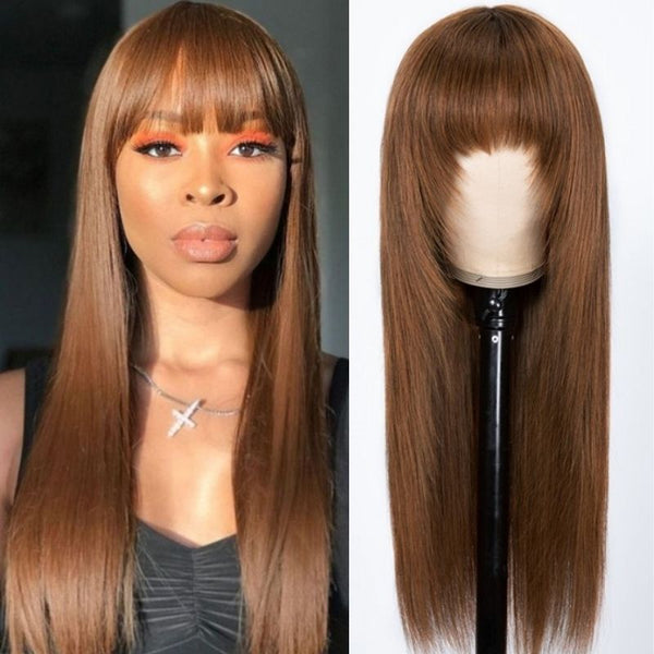 Klaiyi Glueless Wigs Human Hair with Layer Inner Buckle Dark Brown Color Bone Straight Wig with Bangs