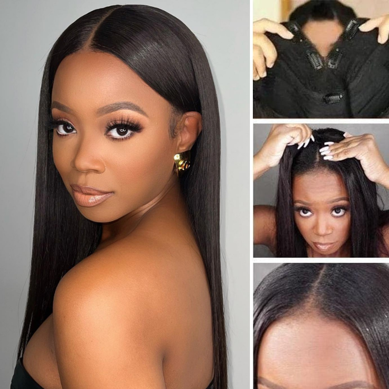 Klaiyi Silk Straight Vpart Wigs No Leave Out Natural Scalp Protective Wigs Beginner Friendly