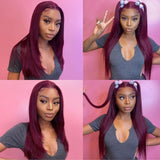 Klaiyi Dark 99J Burgundy Color Long Straight Lace Front Wigs 100% Virgin Human Hair Wigs