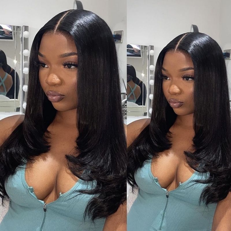 Klaiyi Bone Straight Lace Front Wigs with Layer Inner Buckle Virgin Human Hair Wigs For Women