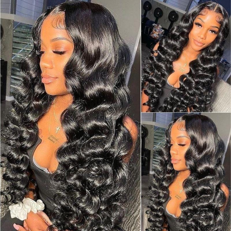 Klaiyi Best Loose Wave 13x4 Lace Front Human Hair Wigs Big Heatless Curls Hairstyle 150% Density