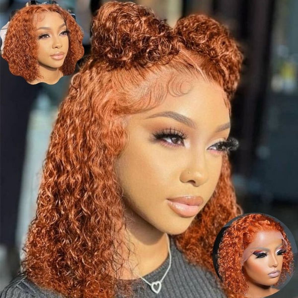Klaiyi Short Bob Lace Part Wigs T Part Wig Human Hair Orange Ginger Colored Wet and Wavy Middle Part Lace Human Hair Wigs
