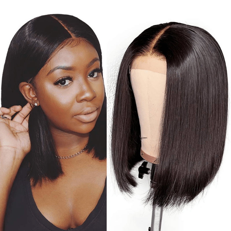 Klaiyi T Part Short Straight Human Hair Bob Wigs Middle Part Pre-plucked 150% Density