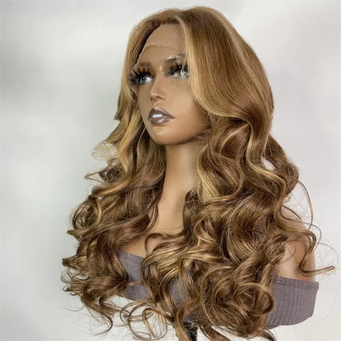 Klaiyi Butterscotch Blonde Highlight 13x4 Lace Frontal Loose Body Wave Virgin Human Hair