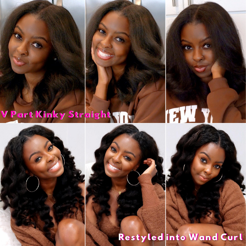 Klaiyi YTber Recommend Versatile Kinky Straight V Part Unit No Leave Out Natural Looking Yaki Straight Upgraded Upart Wigs