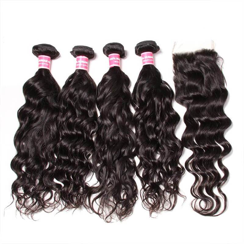 Peruvian Virgin Hair Natural Wave 4 Bundles with Free Part Lace Closure, 7A Grade Virgin Human Hair-Klaiyi Hair