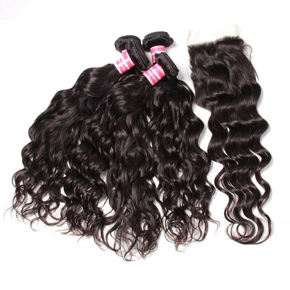 Peruvian Virgin Hair Natural Wave 4 Bundles with Free Part Lace Closure, 7A Grade Virgin Human Hair-Klaiyi Hair