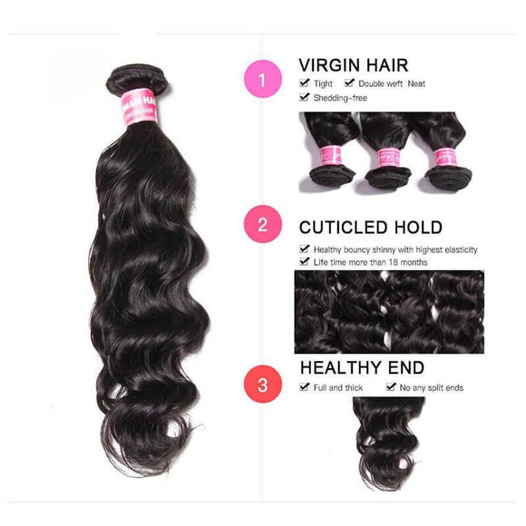 Peruvian Virgin Hair Natural Wave 4 Bundles with Free Part Lace Closure, 7A Grade Virgin Human Hair-Klaiyi Hair