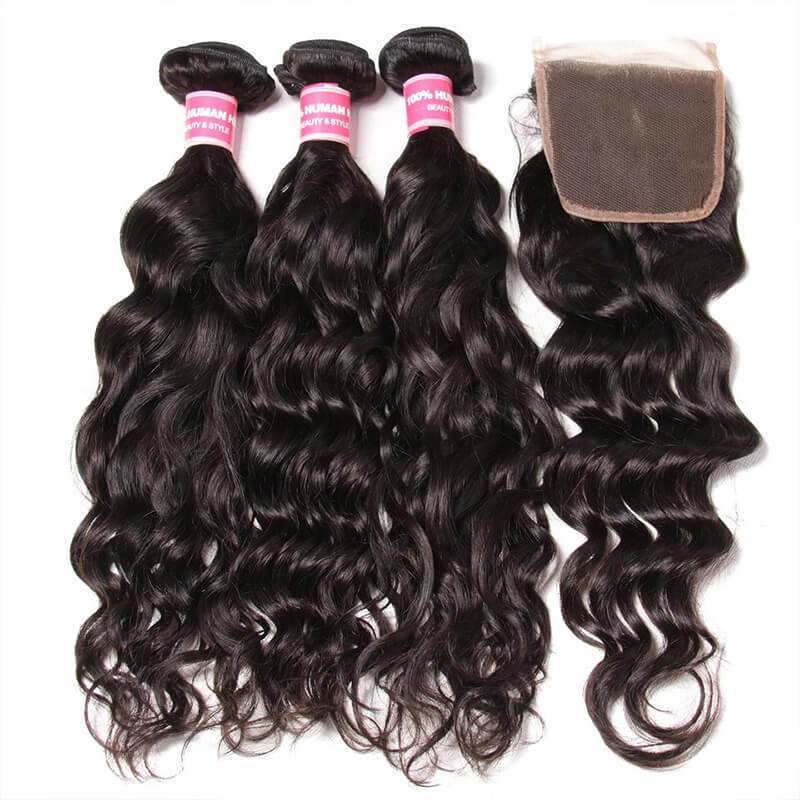 Klaiyi Malaysian Natural Wave hair 3 Bundles with Lace Closure Unprocessed Human Virgin Hair