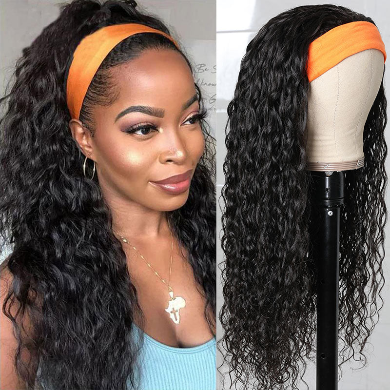 Klaiyi Headband Water Wave Wig With Pre-attached Scarf 180% Density Human Hair Wigs