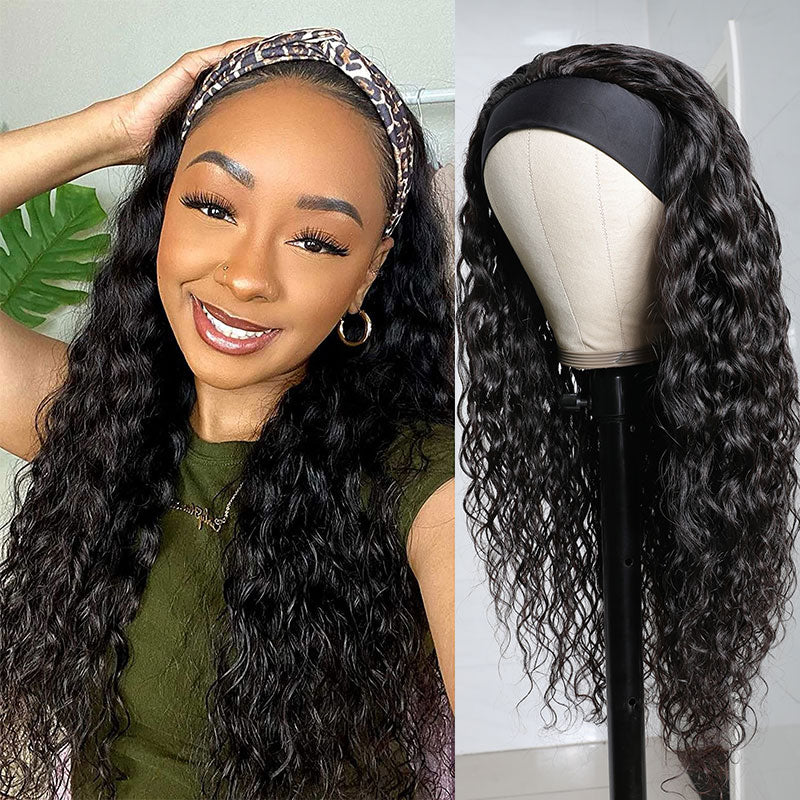 Klaiyi Headband Water Wave Wig With Pre-attached Scarf 180% Density Human Hair Wigs