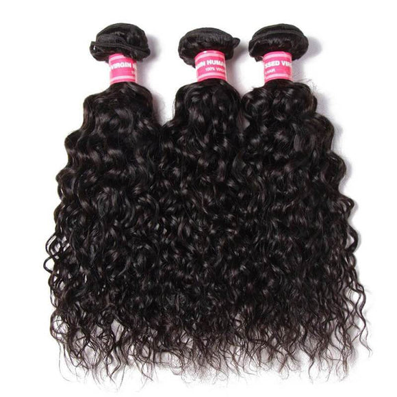 Klaiyi Brazilian Water Wave Human Hair 3 Bundles Deal with 4x4 Swiss Lace Closure