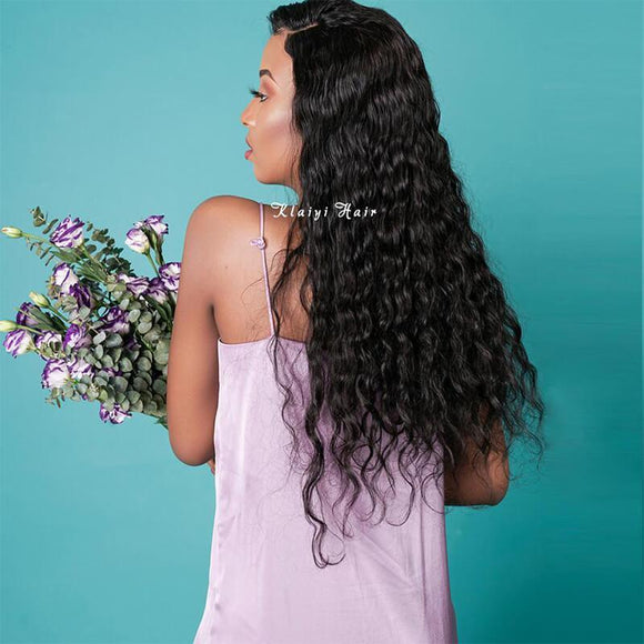 Klaiyi Brazilian Water Wave Human Hair 3 Bundles Deal with 4x4 Swiss Lace Closure
