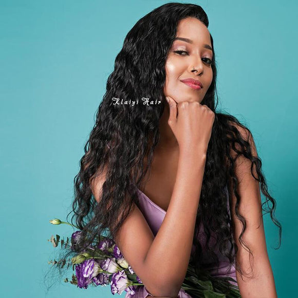 Klaiyi Brazilian Water Wave Human Hair 3 Bundles Deal with 4x4 Swiss Lace Closure