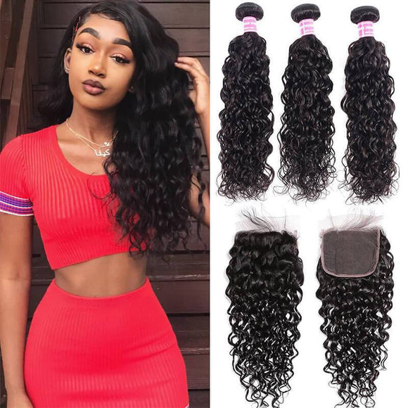 Klaiyi Brazilian Water Wave Human Hair 3 Bundles Deal with 4x4 Swiss Lace Closure