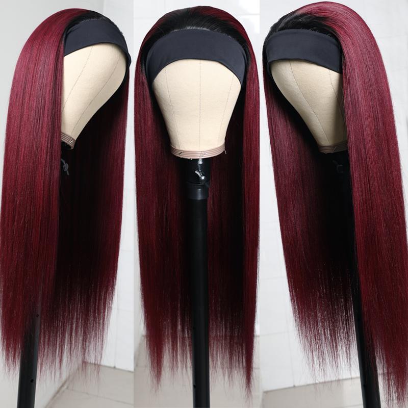 Klaiyi Dark Root 1B99J Burgundy Red Color Natural Yaki Straight Glueless Headband Wigs - Clearance Flash Sale