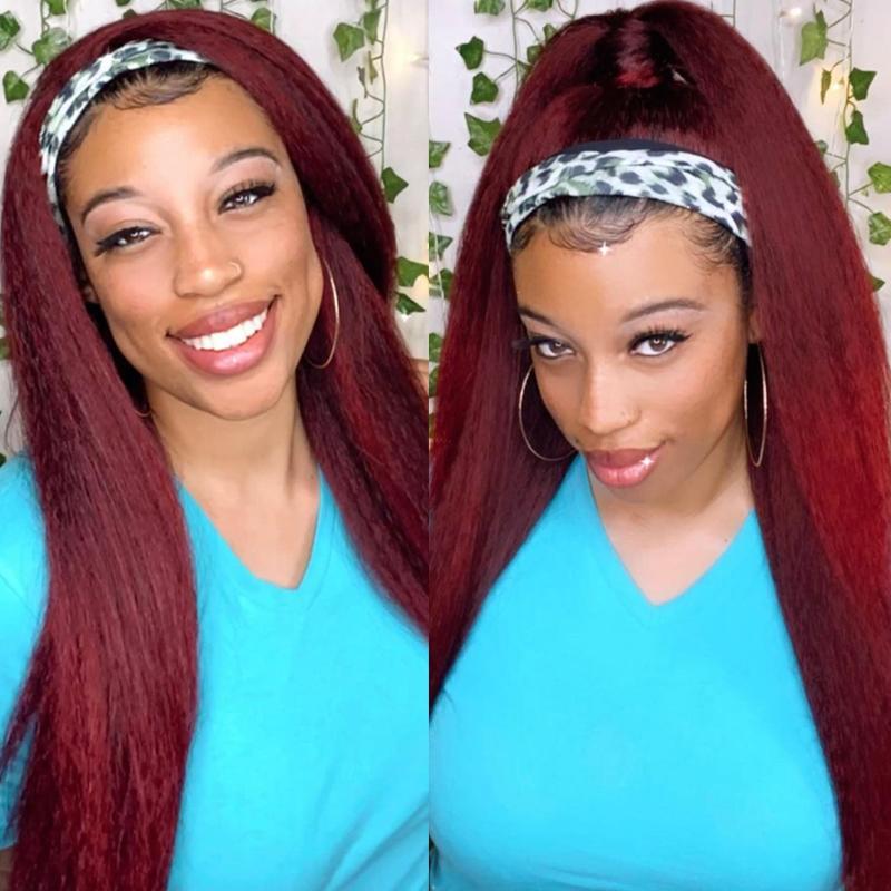 Klaiyi Dark Root 1B99J Burgundy Red Color Natural Yaki Straight Glueless Headband Wigs - Clearance Flash Sale