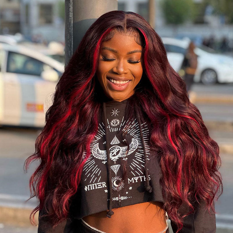 All Length $119 Deals|Klaiyi Ombre Highlight Dark Burgundy with Rose Red 13x4 Lace Frontal Wig Body Wave Wig Flash Sale