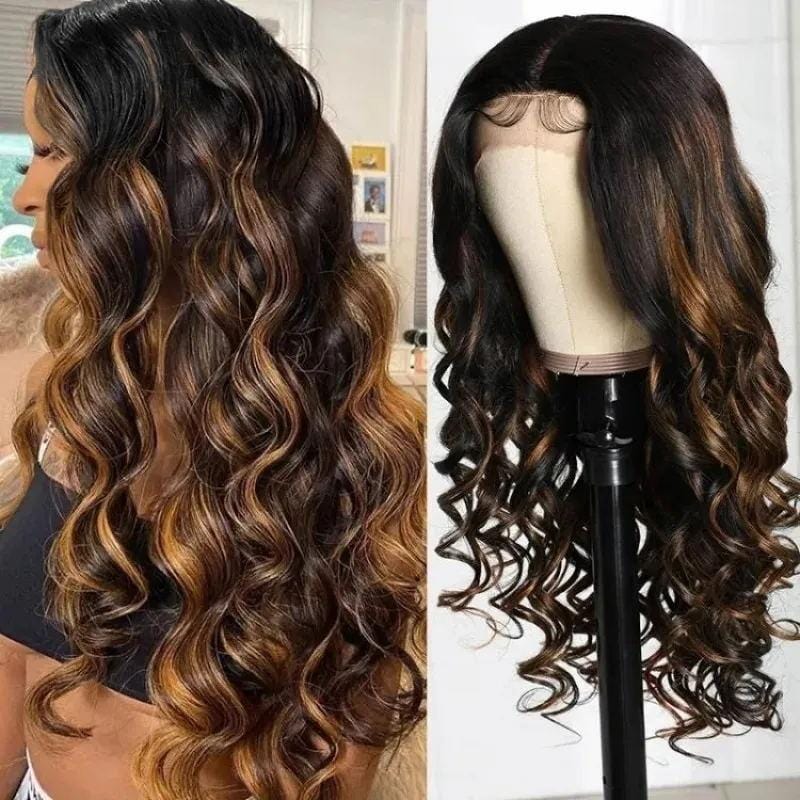 Klaiyi Brown Balayage 13x4 Lace Front Wigs 1B/30 Pre-Highlighted Body Wave Human Hair Wigs