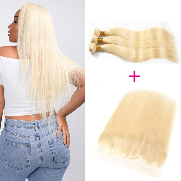 Klaiyi 613 Blonde Straight  Human Hair 3 Bundles with 13*4 Lace Frontal Closure