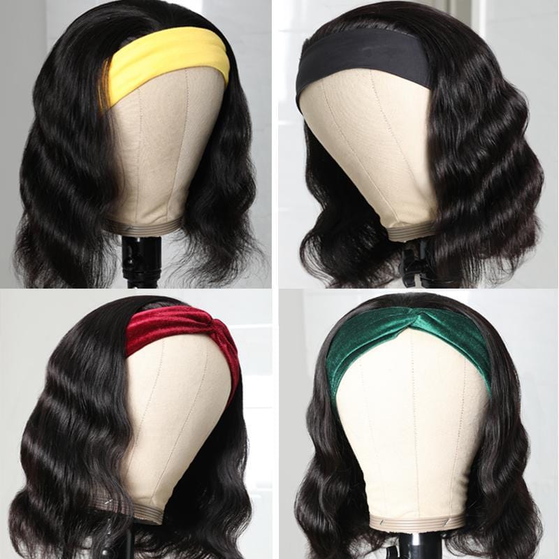 Klaiyi Body Wave Headband Wig Glueless Human Hair Wigs With Pre-attached Scarf Half Wig 150% Density